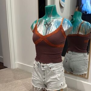 Women's Lace Trim Ribbed Top - Brown and Orange